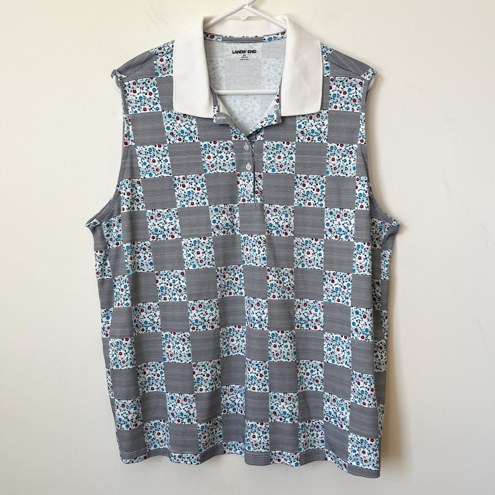 Lands’ End 2X Sleeveless Polo‎ Shirt Patchwork Mixed Print Womens Blue Summer